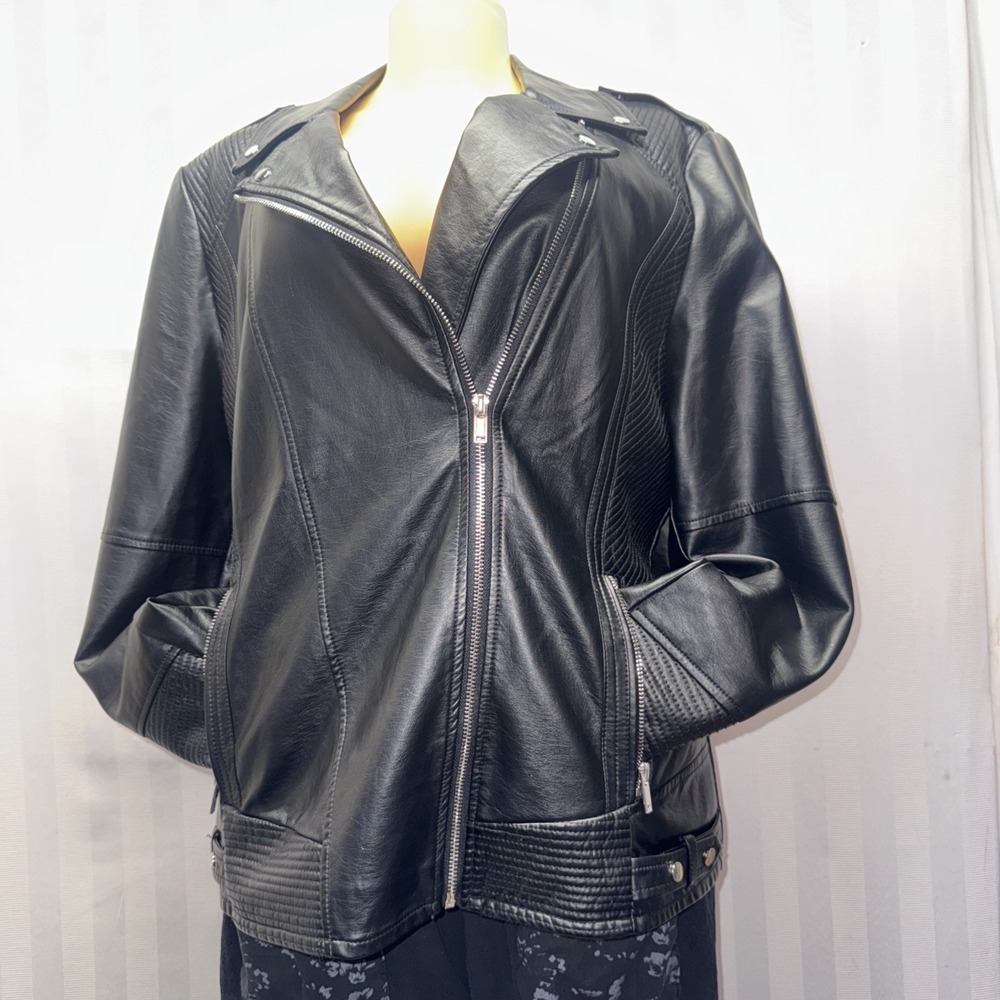 Mark‎ Alan New York Women's Full Zipped Black Faux Leather Moto Jacket XL